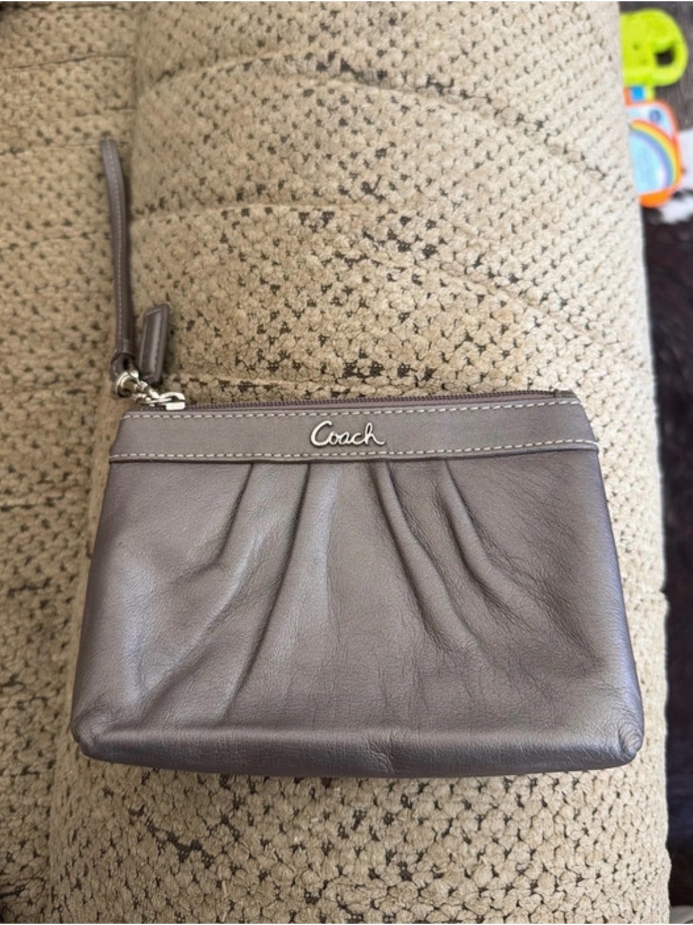 Coach Taupe Leather Pleated Wristlet